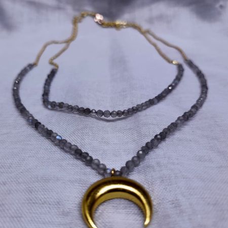 Two Layer Labradorite necklace with Crescent Moon charm, Handmade jewelry